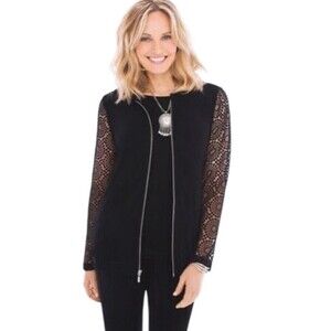 Chicos Jacket Womens 2/12 Large Black Travelers Lace Travel Knit Full Zip Bomber